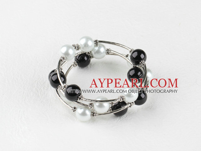 7.5 pouces en noir et blanc perles de coquillage 12mm Bracelet envelopper