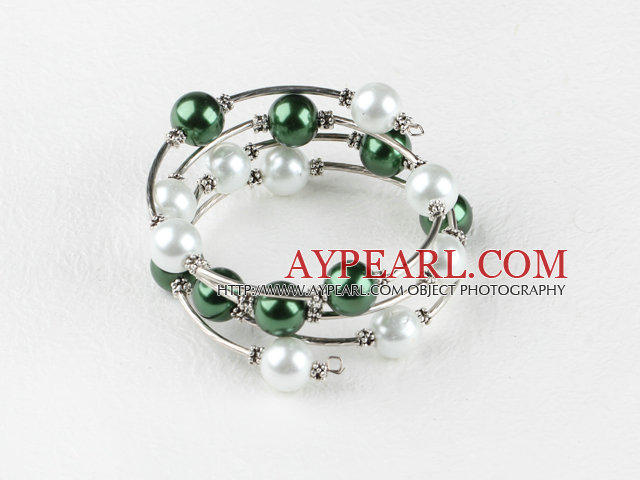 7.5 inches green and white 12mm shell beads bangle wrap bracelet 