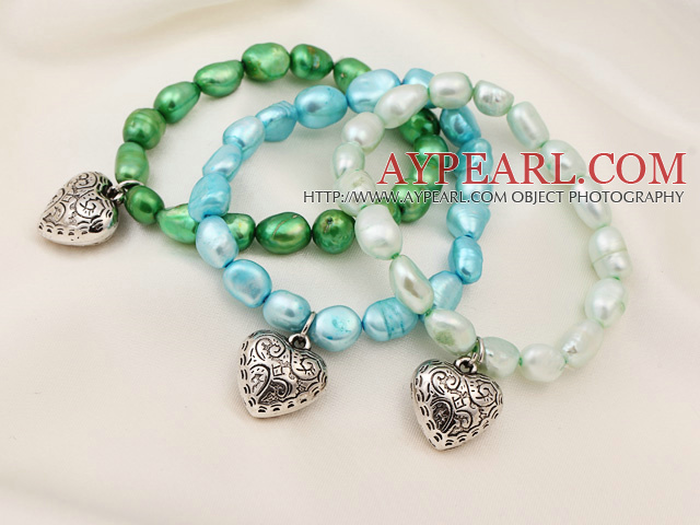 3 pcs Beautiful Multi Color Baroque Freshwater Pearl Bracelet with Heart Accessory