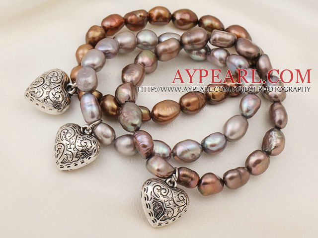 3 pcs Beautiful Brown Baroque Freshwater Pearl Bracelets with Heart Accessory