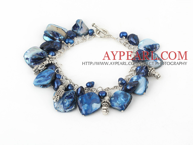 dyed blue pearl and shell bracelet with toggle clasp 