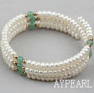 White Freshwater Pearl and Aventurine Wrap Bangle Bracelet