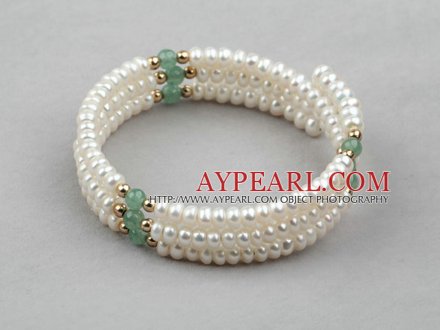White Freshwater Pearl and Aventurine Wrap Bangle Bracelet