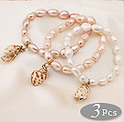 3 PCs Belles couleur multi perles d'eau douce baroques Bracelets avec Shell accessoire