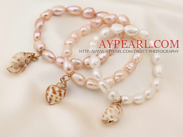 3 pcs Beautiful Multi Color Baroque Freshwater Pearl Bracelets with Shell Accessory