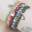 5 pcs Nice Single Strand Patato Shape Dyed Multi Color Pearl Bracelets with Heart Accessory