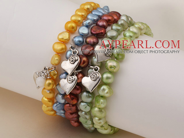 5 pcs Nice Single Strand Patato Shape Dyed Multi Color Pearl Bracelet with Heart Accessory