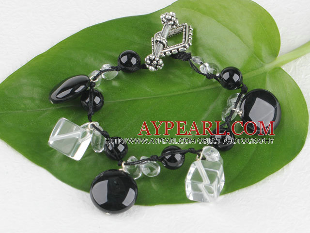 7.5 inches clear crystal and black agate bracelet with toggle clasp