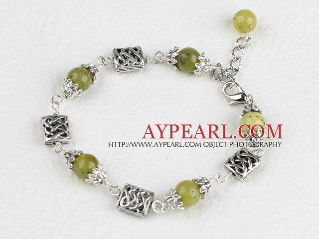 7,5 Zoll olive jade tibet Silber Bettelarmband mit ausziehbarer Kette