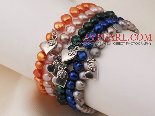 5 st Trevlig Single Strand Patato Shape Multi Color Pearl Armband med hjärta tillbehör