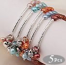 5 pcs Cute Patato Shape Multi Color Pearl Elastic Bracelets with Tibet Silver Tube and Heart Accessory