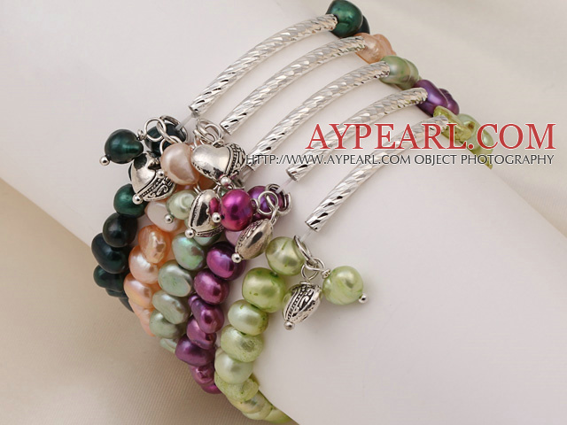 5 stk Søt Patato Shape Multi Color Pearl Elastiske Armbånd med Tibet Silver Tube og hjerte Accessory
