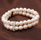 Elegant Style Two Strands Round Natural White Freshwater Pearl Elastic Bracelet with Rhinestone