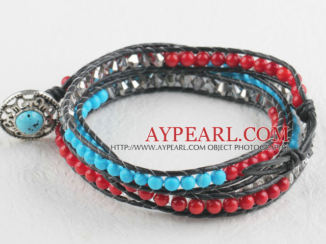 Turquoise and coral and gray manmade crystal wrap bracelet