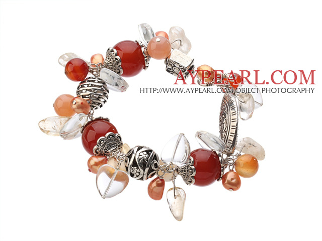 Style vintage Coeur en cristal clair rouge Agate Argent Citrine Tibet accessoire Charm Bracelet avec fermoir