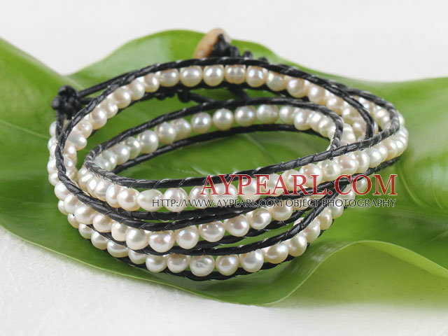23.6 inches white fresh water pearl wrapped leather bracelet