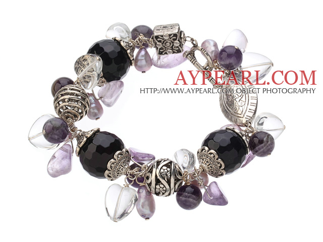 Vintage Style Heart Shape Clear Crystal Purple Agate Amethyst Tibet Silver Accessory Charm Bracelet With Toggle Clasp