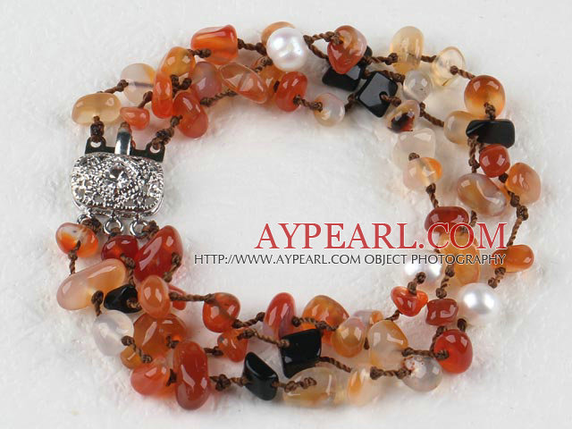 7.5 inches three strand agate chips white pearl bracelet