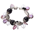 Vintage Style Heart Shape Clear Crystal Purple Agate Button Pearl Tibet Silver Accessory Charm Bracelet With Toggle Clasp