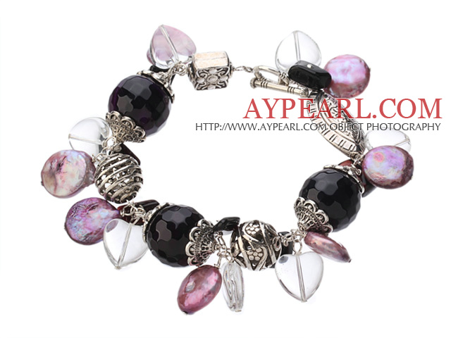 Vintage Style Heart Shape Clear Crystal Purple Agate Button Pearl Tibet Silver Accessory Charm Bracelet With Toggle Clasp