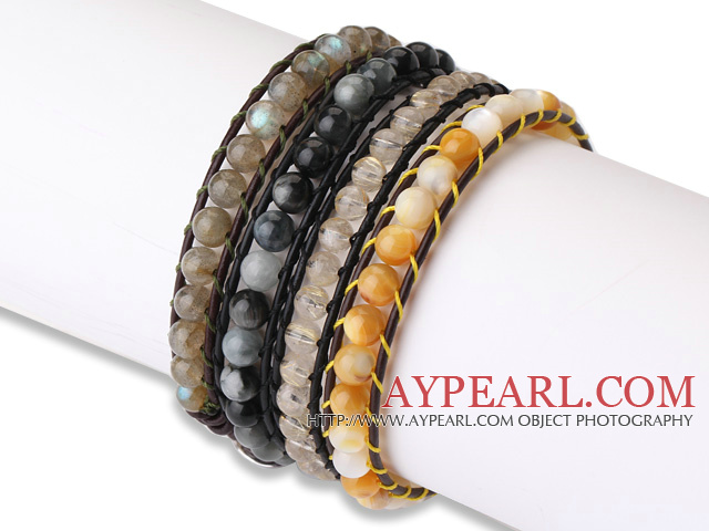 Fashion Style 4pcs Single Strand Natural Round Gemstsone Beaded Leather Bracelet