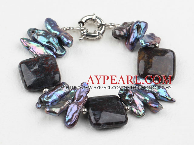 Biwa Pearl and Dragon Blood Stone Bracelet with Moonlight Clasp