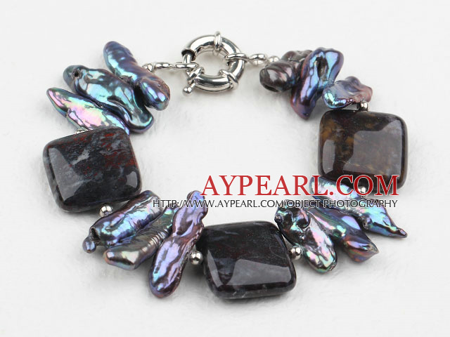 Biwa Pearl og Dragon Blood Stone armbånd med Moonlight Clasp