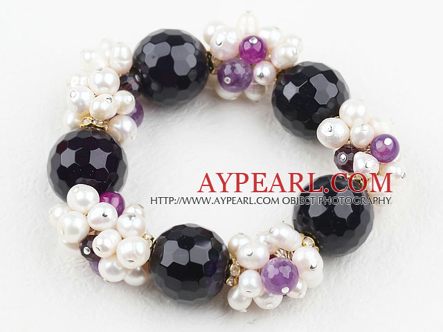 Assorted Valkoinen makeanveden helmen ja Big Purple Akaatti Stretch Bracelet