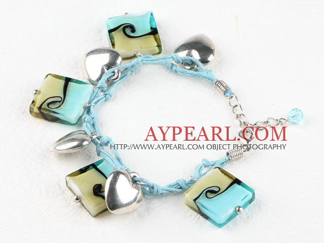 Square shape blue colored glaze and heart shape accessories bracelet