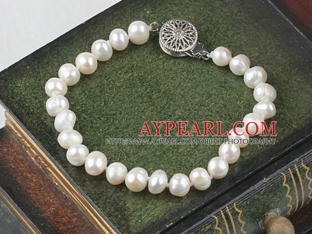 Lovely 6-7mm Vit Sötvatten Pearl bröllopsbutiker Wedding Armband