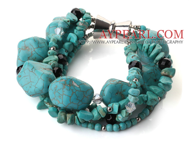 Multi strand assorted multi shape turquoise and crystak bracelet