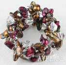 Brown and purple red color teeth shape freshwter pearl and white crystal wrap bangle bracelet