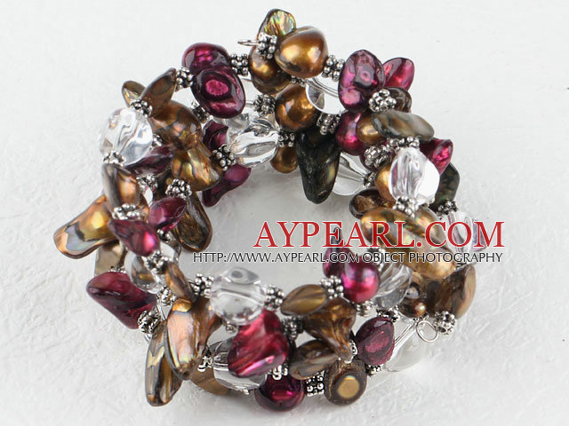 Brown and purple red color teeth shape freshwter pearl and white crystal wrap bangle bracelet