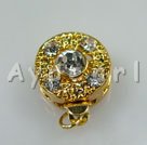 Box Clasps,golden, with Rhinestone, 11mm round, Sold per pkg of 50.