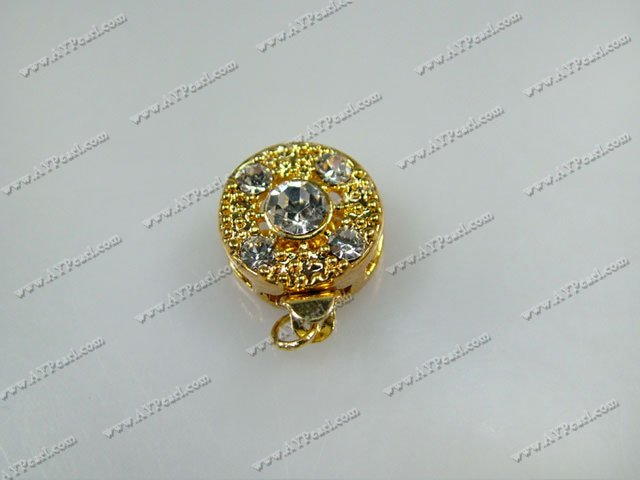 Box Clasps,golden, with Rhinestone, 11mm round, Sold per pkg of 50.