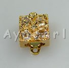 Box clasps, golden,with Rhinestone ,9*9mm square, Sold per pkg of 50.