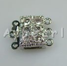 Box Clasps, silver,with Rhinestone, 11mm rectangle, Sold per pkg of 50.