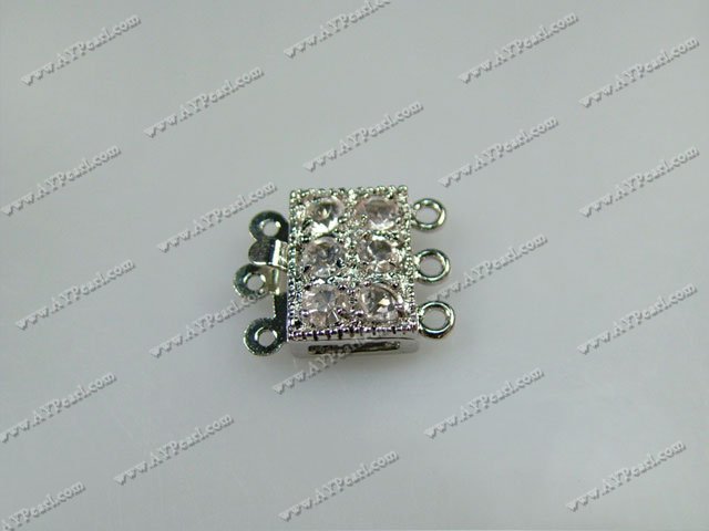 Box Clasps, silver,with Rhinestone, 11mm rectangle, Sold per pkg of 50.