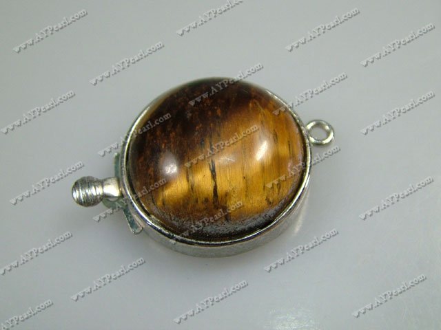 Alloy Box Clasps,with tiger's eye , 10*10mm round, Sold per pkg of 10.
