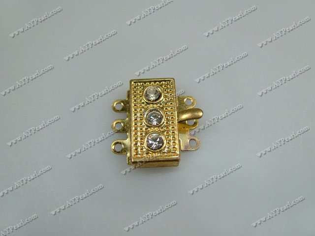Alloy Box Clasps, golden,with rhinestone 3-strand, 8*22mm rectangle, Sold per pkg of 50.