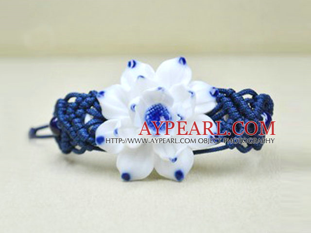 Shamballa Style Handpainting blått och vitt porslin blomma Dragsko justerbar armband