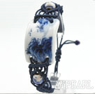 Style de Shamballa Bracelet peinture à la main Bleu et Blanc Porcelaine Cordon de serrage réglable avec Fil Bleu foncé