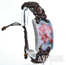Fashion Style Handpainting Flower Design Porcelain Drawstring Adjustable Bracelet with Brown Thread