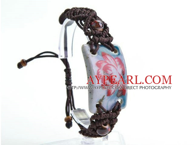 Shamballa Style Handpainting Flower Design Porcelain Drawstring Adjustable Bracelet with Brown Thread