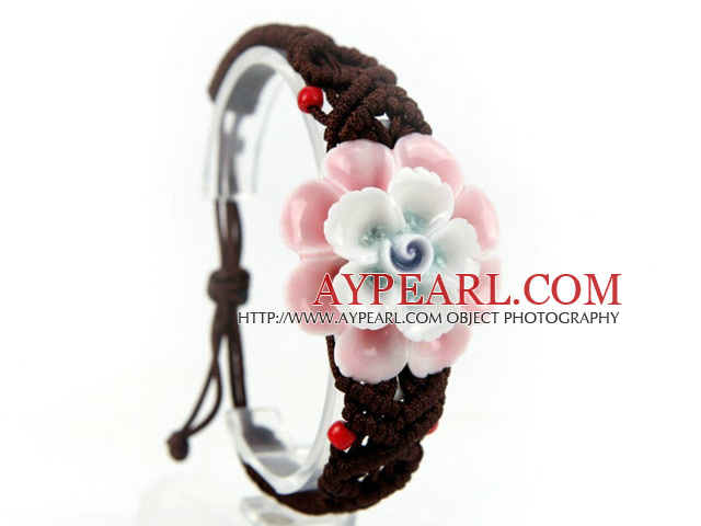 Shamballa Style Handpainting Pink Porcelain Flower Drawstring Adjustable Bracelet with Brown Thread