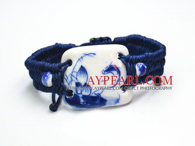 Shamballa Style Square Shape Handpainting Blue and White Porcelain Fish Design Drawstring Adjustable Bracelet