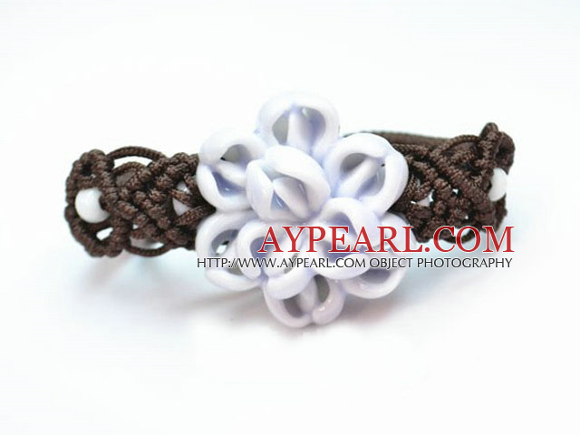 Shamballa stil Handpainting blå og hvit porselen Flower Snøring Justerbar armbånd med Brown Tråd