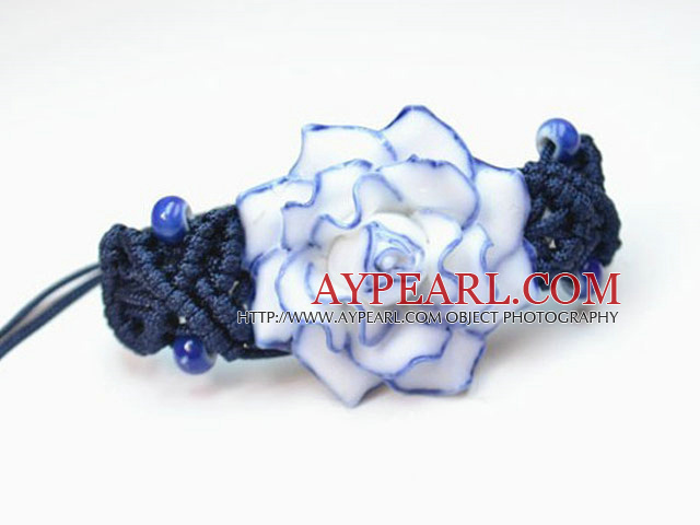 Shamballa Style Blue Rose Design Blue and White Porcelain Flower Drawstring Adjustable Bracelet with Dark Blue Thread