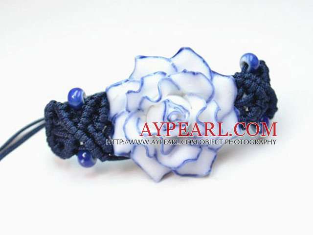 Shamballa Style Blue Rose Σχεδιασμός μπλε και λευκό λουλούδι πορσελάνη Κορδόνι Ρυθμιζόμενο βραχιόλι με σκούρο μπλε Θέματος