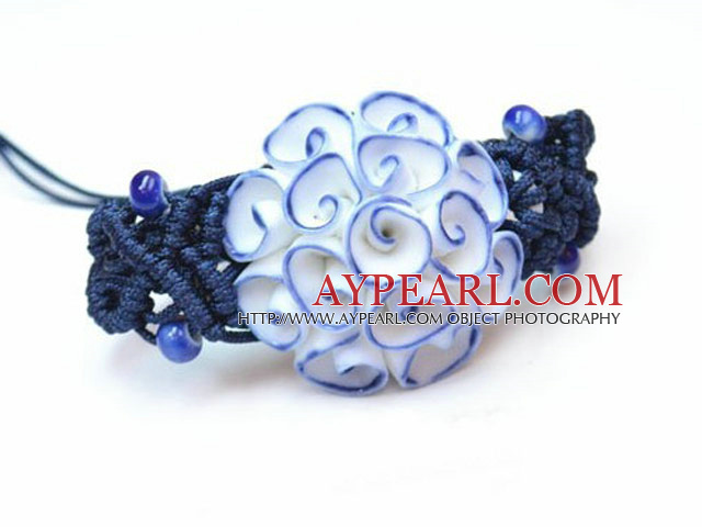 Shamballa Style Pion Design Porslin Blomma Dragsko justerbar armband med mörkblå tråd